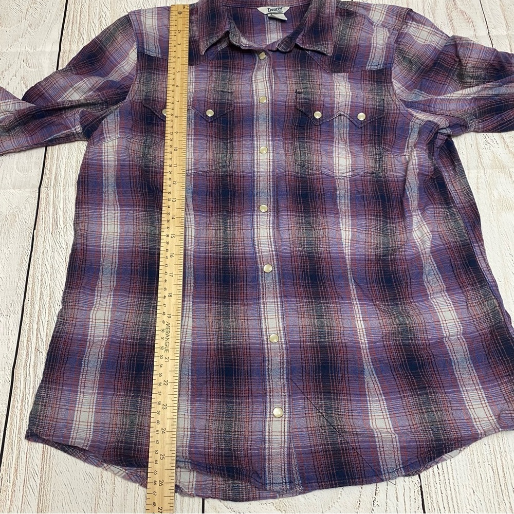 Duluth Trading Co Purple Plaid Western style Shirt pearl snaps Medium - Picture 8 of 8